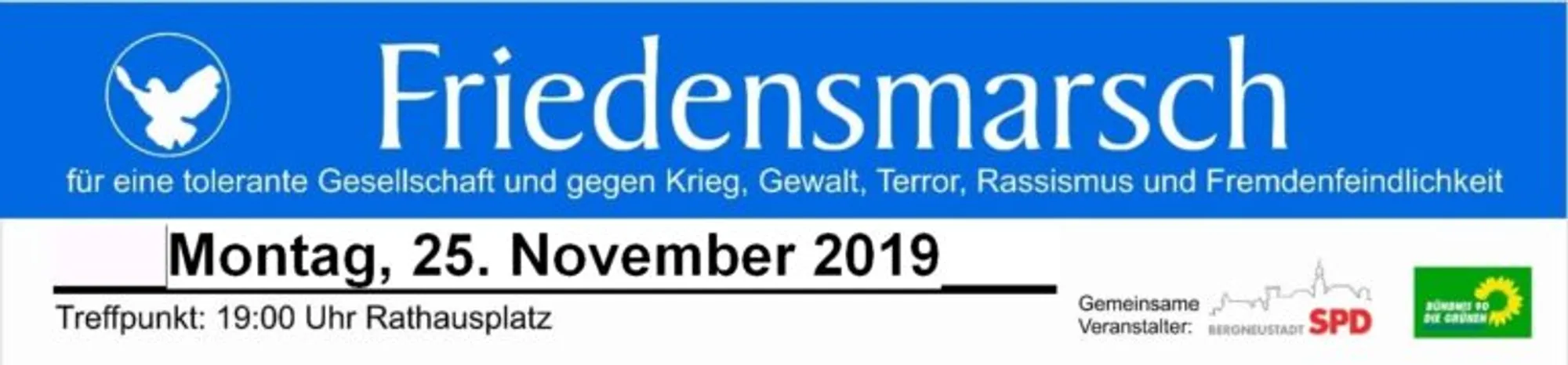 Einladung zum Friedensmarsch am 25.10.2019 „Für eine tolerante Gesellschaft und gegen Krieg, Gewalt, Terror Rassismus und Fremdenfeindlichkeit“